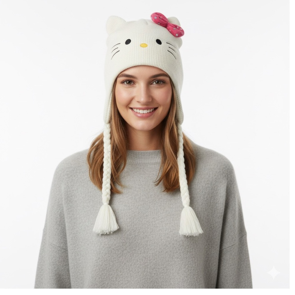 Hello Kitty White Knit Beanie Hat | Pink Bow‎ Winter Cap | One Size
